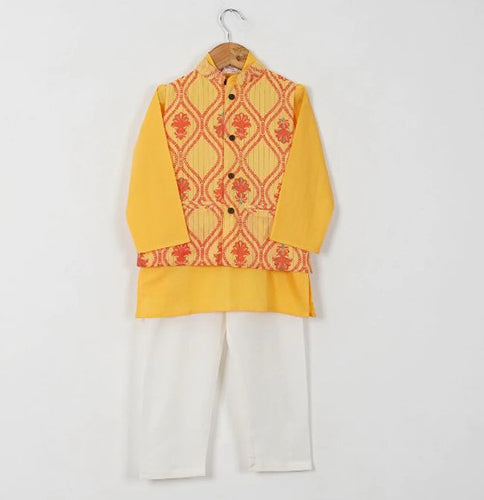 Boys Yellow Cotton Kurta With Yellow Floral Jacket And Off White Pajama