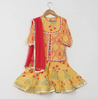 Girls Yellow Floral Yoke Kurti With Yellow Floral Sharara And Dupatta