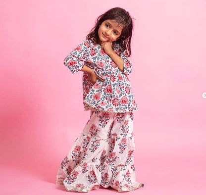 Girls White Floral Angrakha Kurti With White Floral Sharara