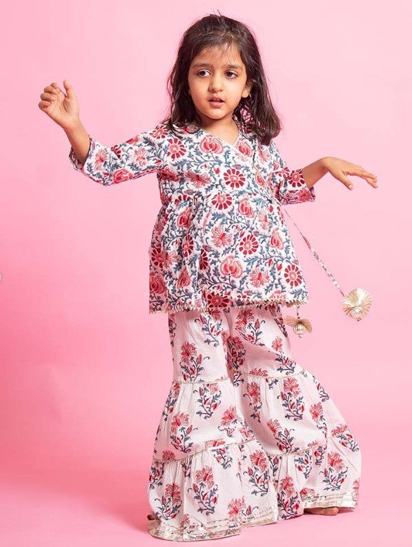 Girls White Floral Angrakha Kurti With White Floral Sharara